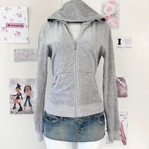 Juicy Couture Grey Velour No. 1 Juicy Heart Graphic Hoodie Large Y2K